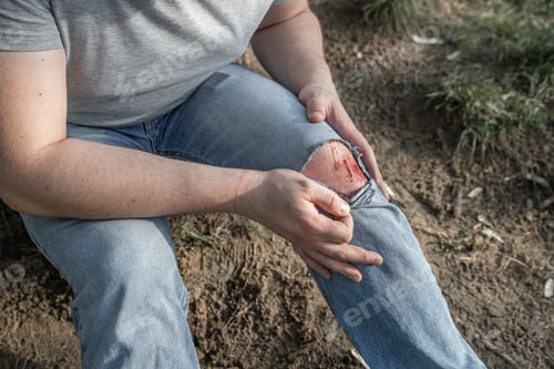 Preview: Young Adult Man With Bloody Wound On Knee. Torn Jeans