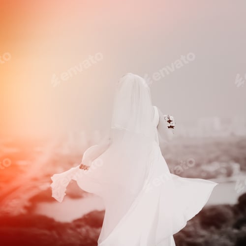 Preview: Young Bride In White Dress On Cityscape Background