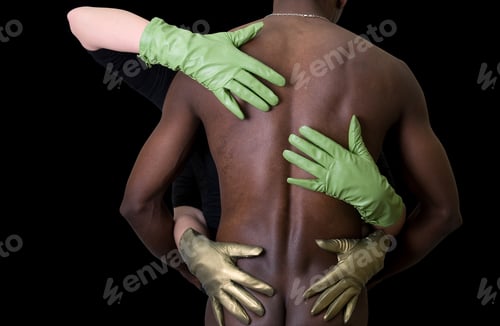 Preview: Two Girl Embrace Black Man At Gloves On Black