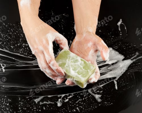 Preview: Process Of Washing Hands With Soap, Parts Of The Body In White Foam On A Black Background, Top
