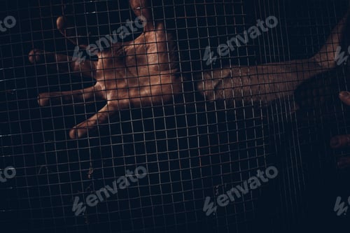 Preview: Male Hand Holding On Chain Link Fence For Freedom, Human Rights Day, Quarantine Concept. Stay At