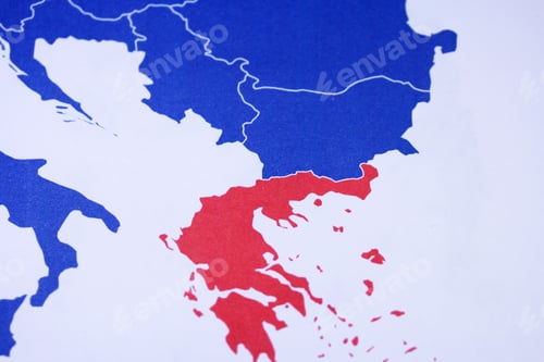 Preview: Greece Map In Red Opposing Eu Map In Blue