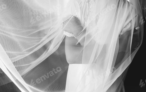 Preview: Bride Is Hugging Herself. Lace Dress And Long Veil. Wedding Day Details. Elegant Morning Photo.