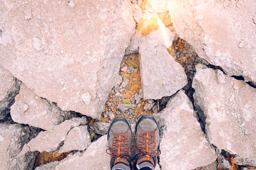 Preview: Adventurous Man Standing On Some Rocks At Sunset, Copy Space For Text.