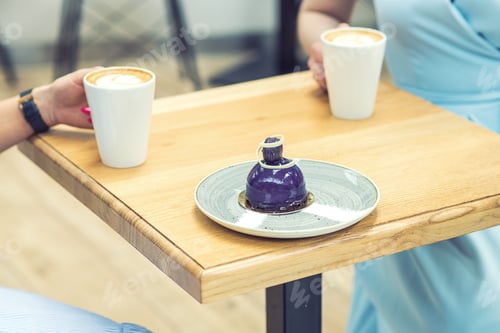 Preview: Tasty Piece Of Cake On The Table On Background Of Two Women'S Hands With Coffee. Slice Of Cake On