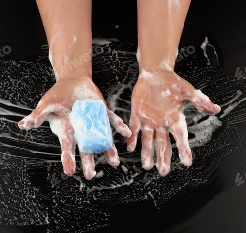 Preview: Process Of Washing Hands With Blue Soap, Parts Of The Body In White Foam On A Black Background, Top