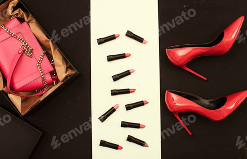 Preview: Fashion Beauty Lipstick. Woman Shoes. Red Shoes.