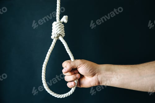 Preview: Hand Near The Noose On Black Background. Suicide Concept. Hanging Because Of Work Stress