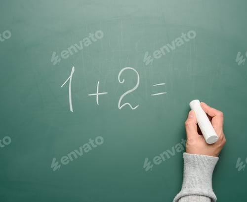 Preview: Math Example Written In White Chalk On A Green Chalk Board And A Woman'S Hand With White Chalk, One