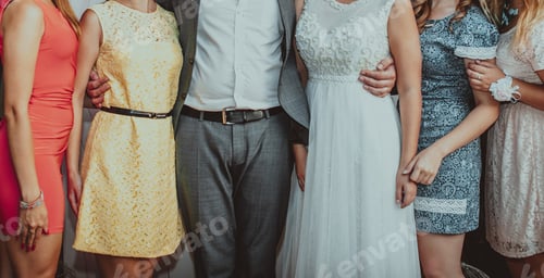 Preview: Wedding Couple Posing With Guests. Summer Newlyweds Photo.