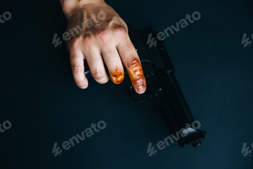 Preview: Man With Hand In Blood Is Holding A Gun. Killer Criminal Concept. Illegal Activities.