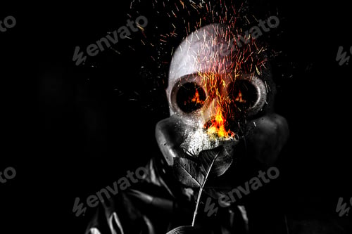 Preview: Man In The Gas Mask Holding A Burning Flower. Radiation Influence. Environmental Pollution