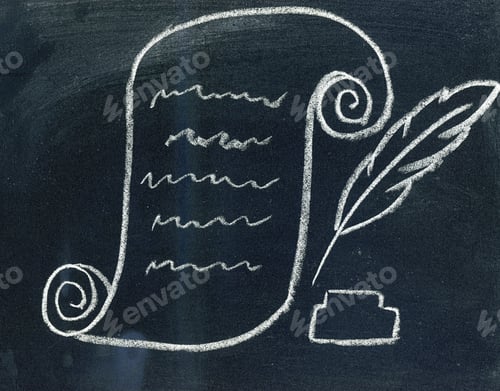 Preview: Manuscript With Feather And Inkwell Drawn On A Blackboard