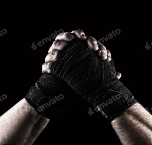 Preview: Gesture Of Friendship, Two Male Hands Of An Athlete Tied With A Black Textile Bandage, Black