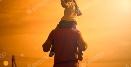 Preview: Fathers Day Concept. Father And Daughter Meet The Sunset. He Will Put The Girl On His Shoulders And