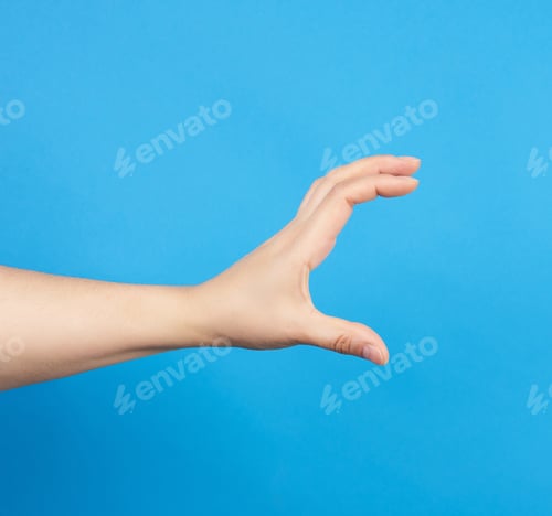 Preview: Female Hand Holds A Conditional Subject On A Blue Background, Close Up