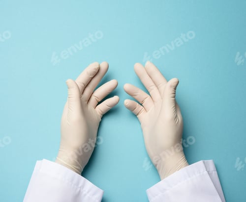 Preview: Two Male Hands In Black Latex Gloves, Doctor'S Palms On A Blue Background, Top View