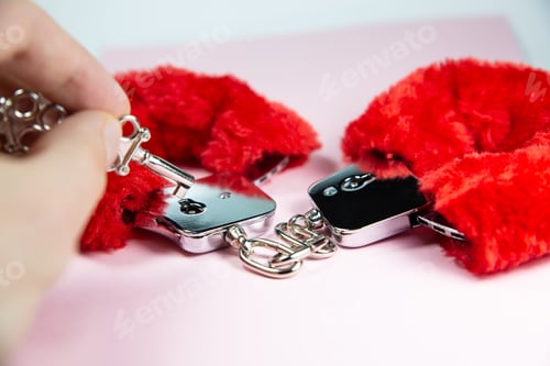 Preview: Red Sexy Fluffy Handcuffs With Keys On A Pink Background.