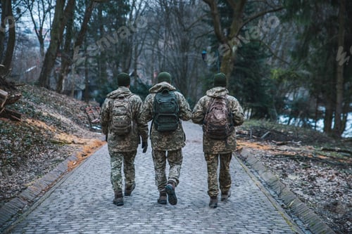 Preview: Group Of Solders Walking By City Park Concept