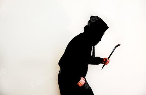Preview: Criminal With Crowbar Near The Doors. Robber In Dark Hoodie.