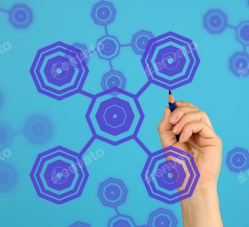 Preview: Female Hand Holding A Pencil On A Blue Background With Abstract Shapes, Idea