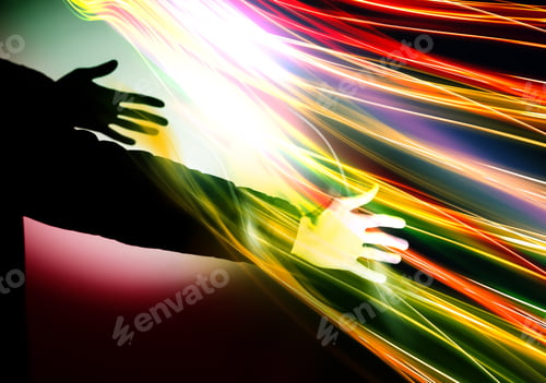 Preview: Man'S Hand In Spotlight On Colorful Background. Software, Web Development, Programming. High Tech