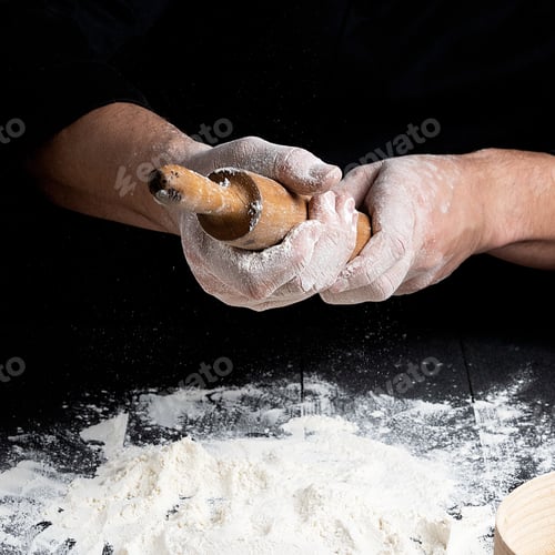 Preview: Wooden Rolling Pin In Men'S Hands, White Wheat Flour On The Table