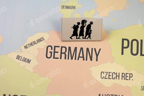 Preview: Germany Map With Refugees Sign Closed Up