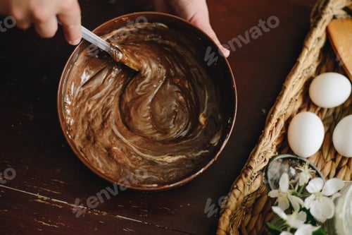 Preview: Woman Hands Makeing Cake On Wooden Background