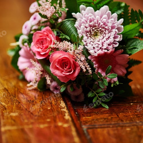 Preview: Wedding Bouquet On Wooden Background.