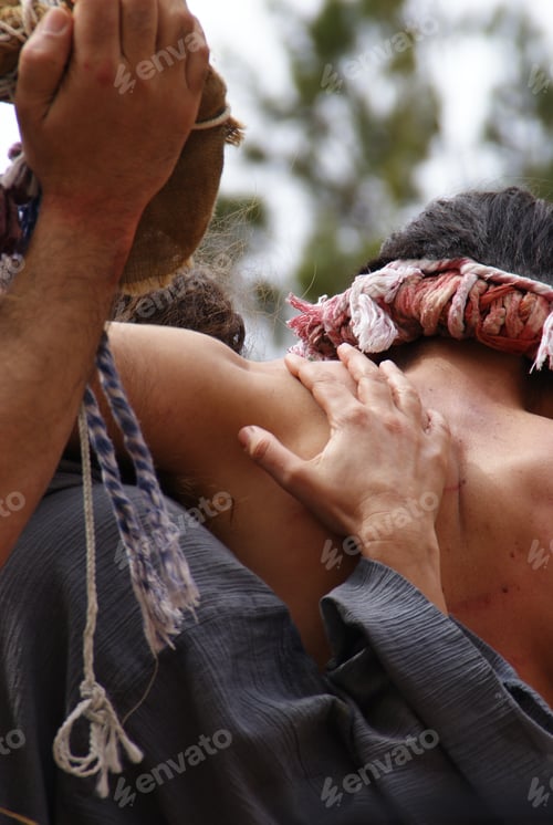 Preview: Religious Representation By Two People Of The Passion Of Christ, Man Whipped With Wounds