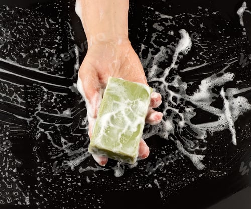 Preview: Process Of Washing Hands With Soap, Parts Of The Body In White Foam On A Black Background, Top