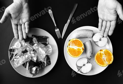 Preview: Plastic Bottles And Fruit On The Plate. Life Choice. People Eating Polluted Food. Environmental