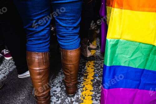 Preview: Legs Of Women Walking In An Lgbt Demonstration Between Rainbow Flags.
