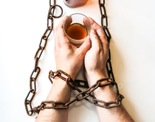 Preview: Man'S Hands In Old Rusty Chains Near The Bottle. Addicted To Alcohol. Dangerous Habit.
