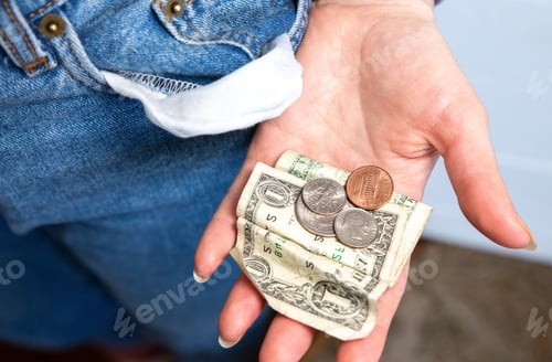 Preview: One Dollar And Petty Cash Only, Empty Pocket. No Money. Economy Crisis, Poverty, Unemployment