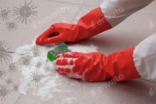 Preview: Protecting Hand From Detergents And Viruses, Washing Floor By Cleaning Sponge, Prevention Covid-19