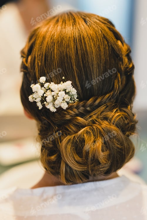 Preview: Braided Hairstyle with White Flowers Elegant Back View