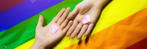 Preview: Lgbt Community Colorful Flag. Two Women'S Hands On Rainbow Background. Lesbian And Gay Problems
