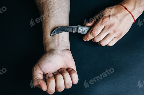 Preview: Man Wants To Commit A Suicide Holding Knife Near The Hand. Depression Illness. Life Or Death Choice.