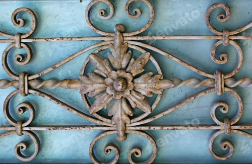 Preview: Rusty Metal Floral Design on Textured Blue Background