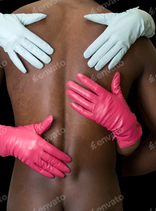 Preview: Two Girl Embrace Black Man At Gloves On Black
