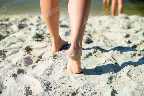 Preview: Woman Legs Close Up. Walking By Sand Beach. Vacation Concept