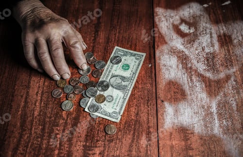Preview: Old Woman With Very Little Money. Poverty Concept. Pensioner With One Dollar Note And Coins In