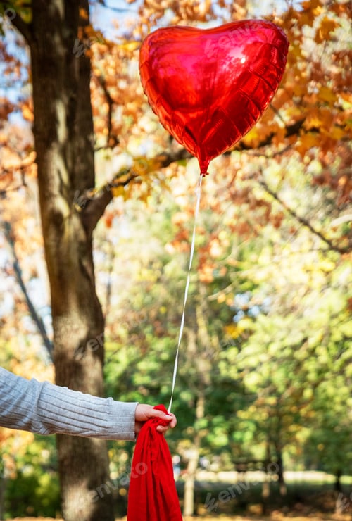 Preview: Female Hand Holding A Red Balloon In The Shape Of A Heart In Autumn Park