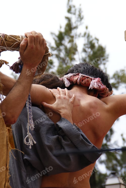 Vista previa: Religious Representation By Two People Of The Passion Of Christ, Man Whipped With Wounds