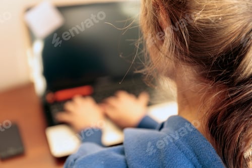 Preview: Close Up Image Of A Young Woman Working On Shis Laptop At Home, Rear View Of Girl Hands Busy Using