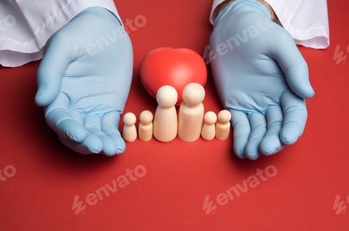 Preview: Family Of Wooden Figures And Two Hands In Blue Latex Gloves, Protection And Patronage, Insurance