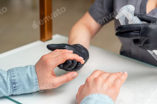 Preview: Manicurist Applies Spray To Clients Hands During Manicure Procedure.