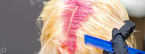 Preview: Hair Coloring In Pink Color On Hair Roots Of Young Blonde Woman In Hair Salon. Selective Focus